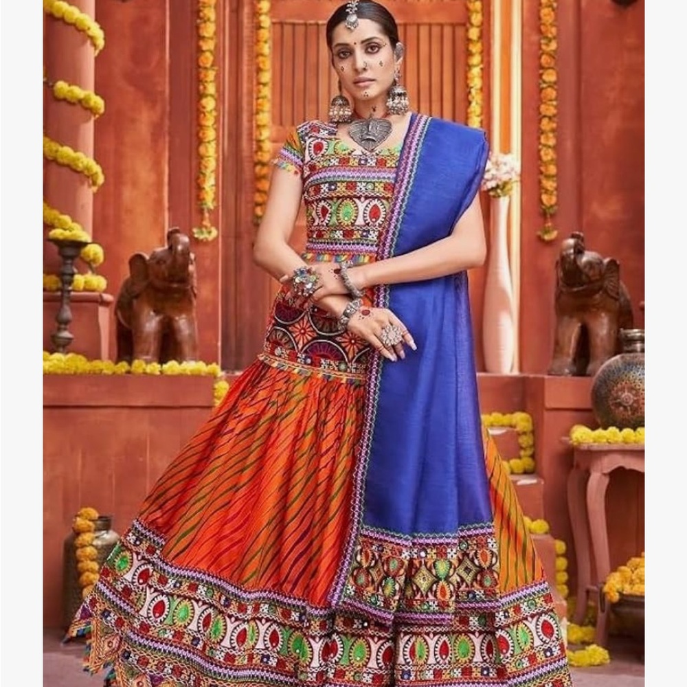 Vibrant Multicolor Dandiya, Garba, Navratri Lehenga with Blue Dupatta